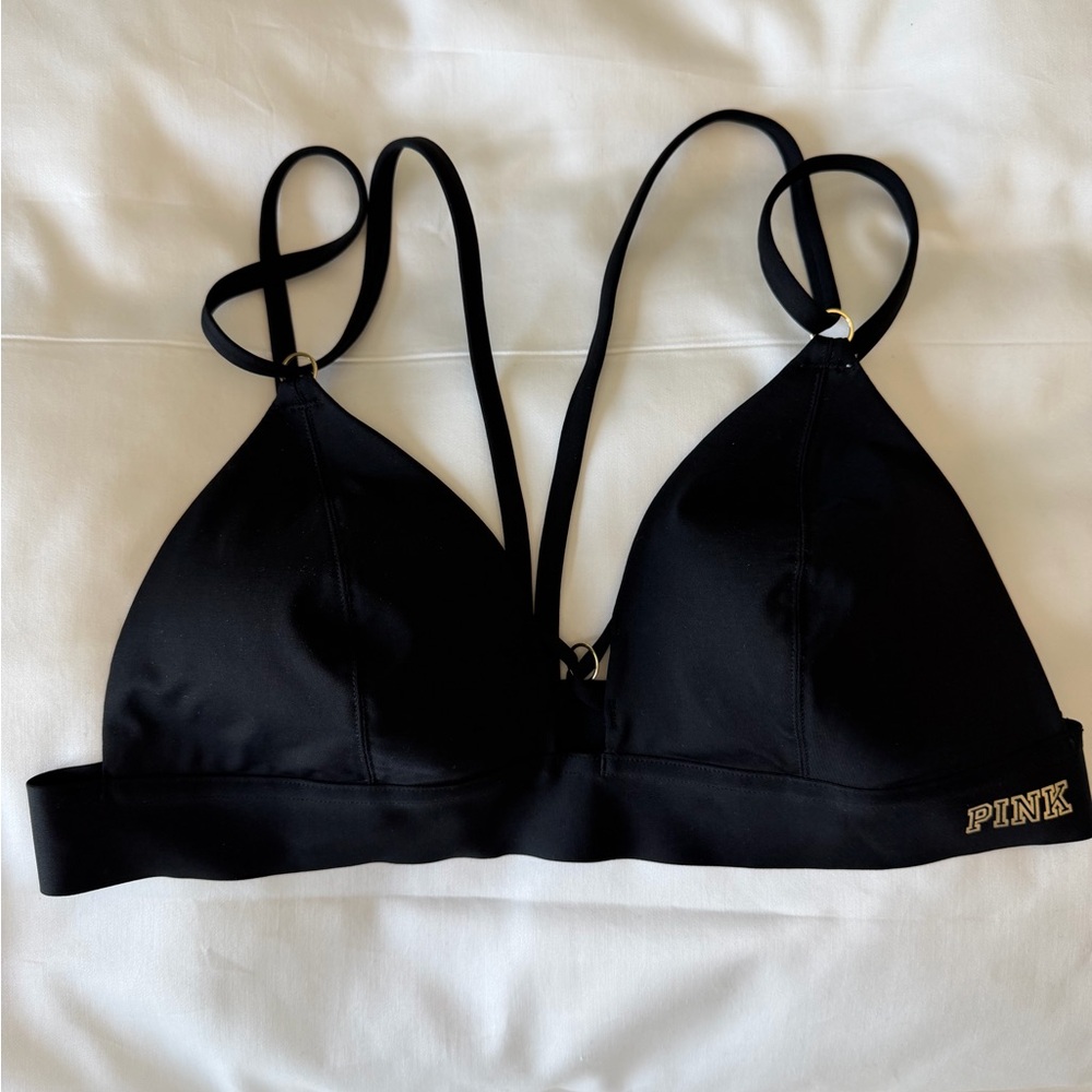 PINK Victoria's Secret Black Strappy Triangle Bralette. Gold detail. Sz large.
